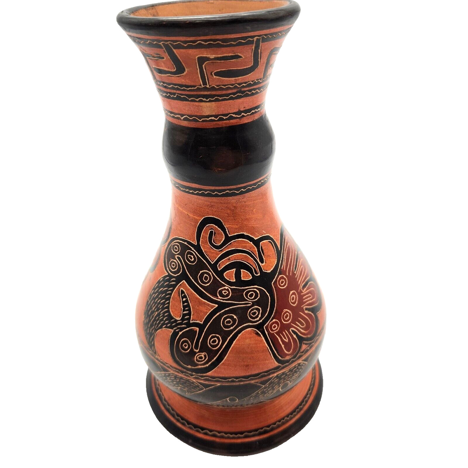 Clay Pottery Vase Dragon Orange Black Round Decorative Handpainted Handmade 8″