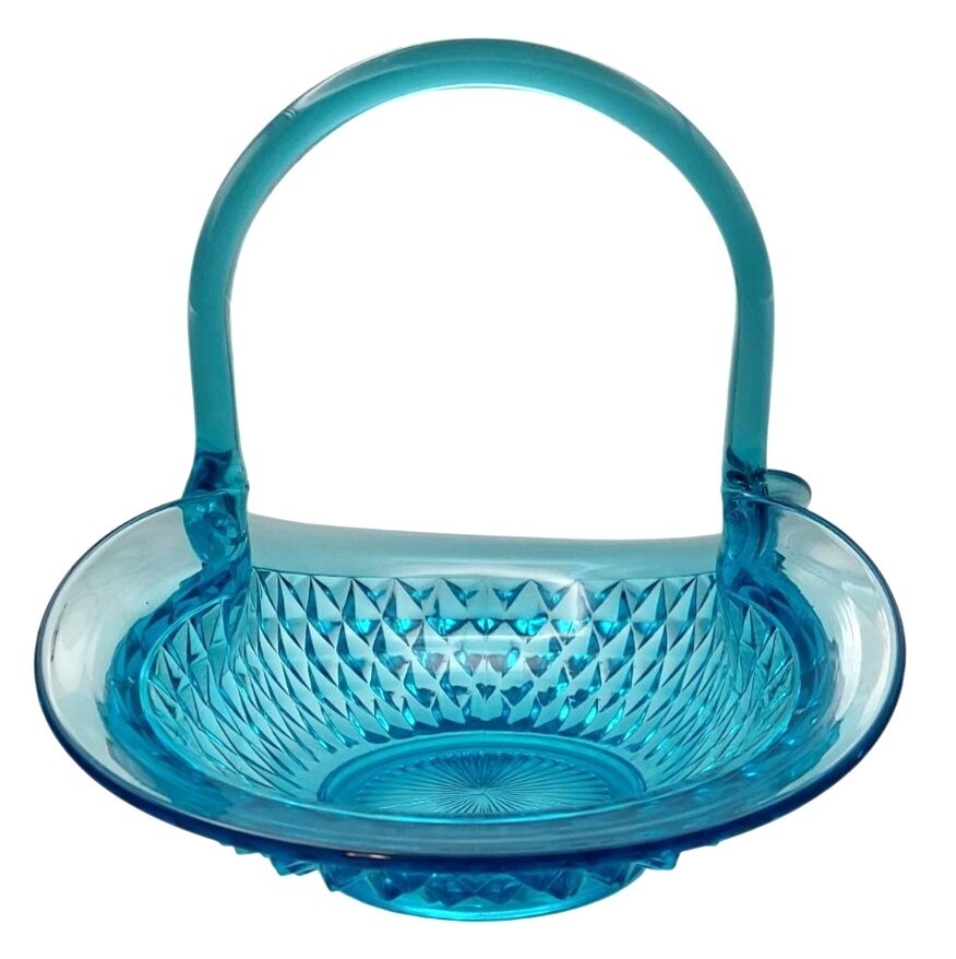 Vintage Tiara Indiana Pressed Glass Diamond Point Horizon Blue Handled Basket