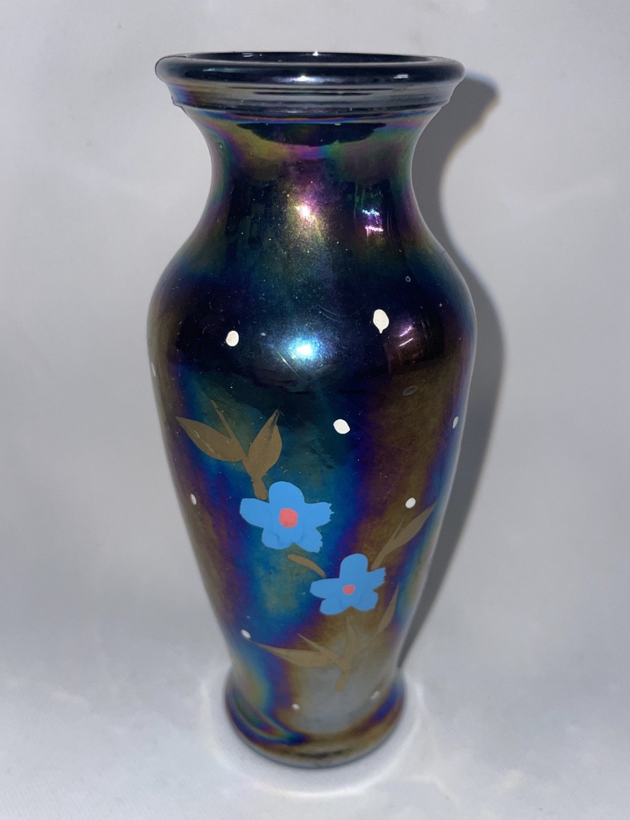 Amythest Vase Hand Painted Floral Pattern Iridescent 5 Inches High