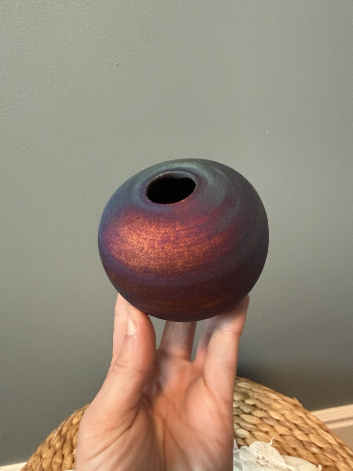 Jeremy Diller Signed Raku Pottery Vase Blue Purple Iridescent Studio Art