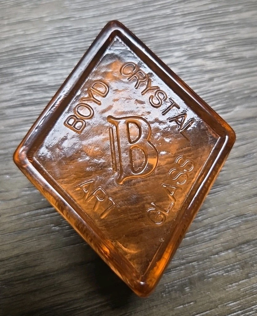 Vintage Boyd Art Glass Logo Diamond Paperweight Translucent Orange