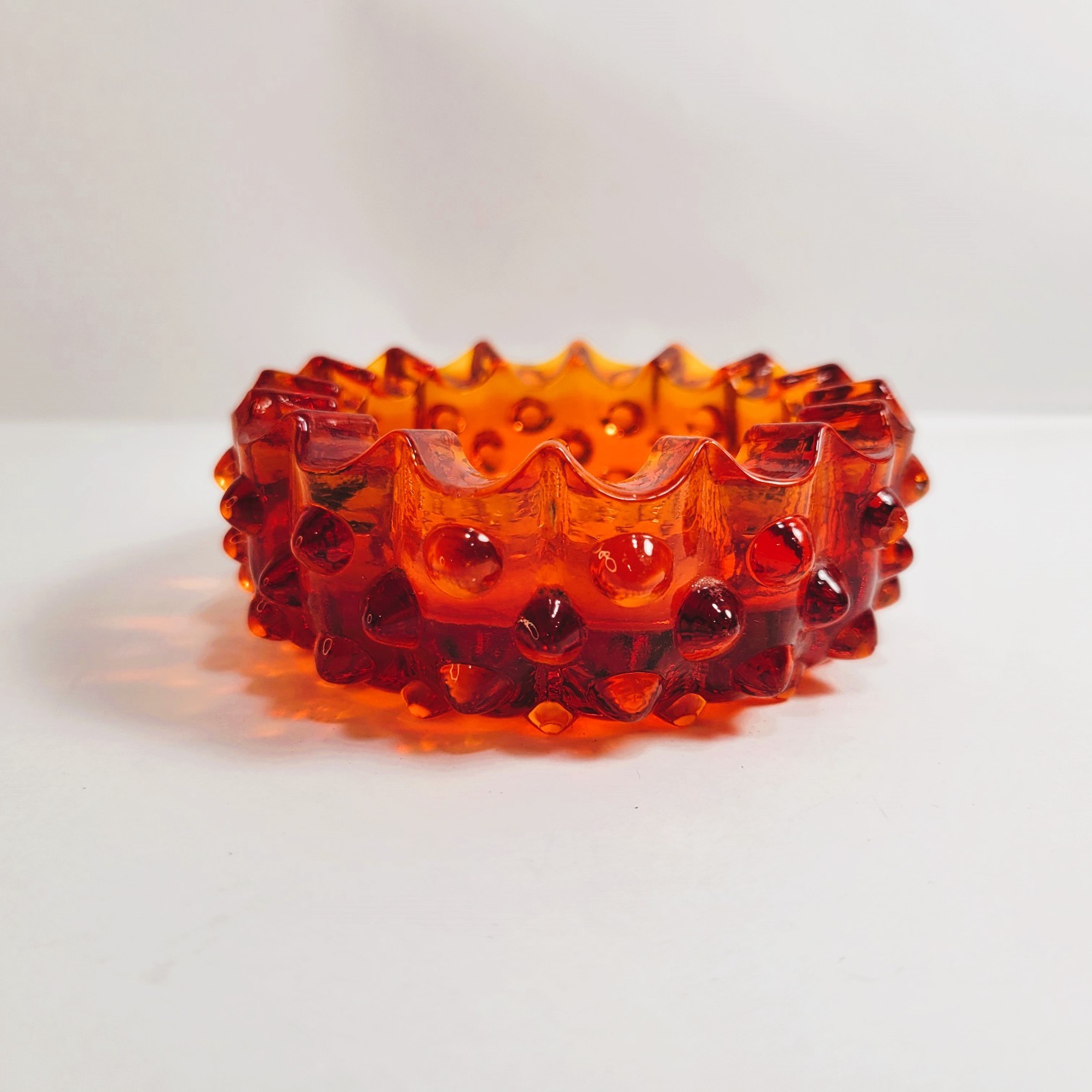 Vintage Retro Mid Century Fenton Hobnail Bright Orange Glass Ashtray 3 3/4″