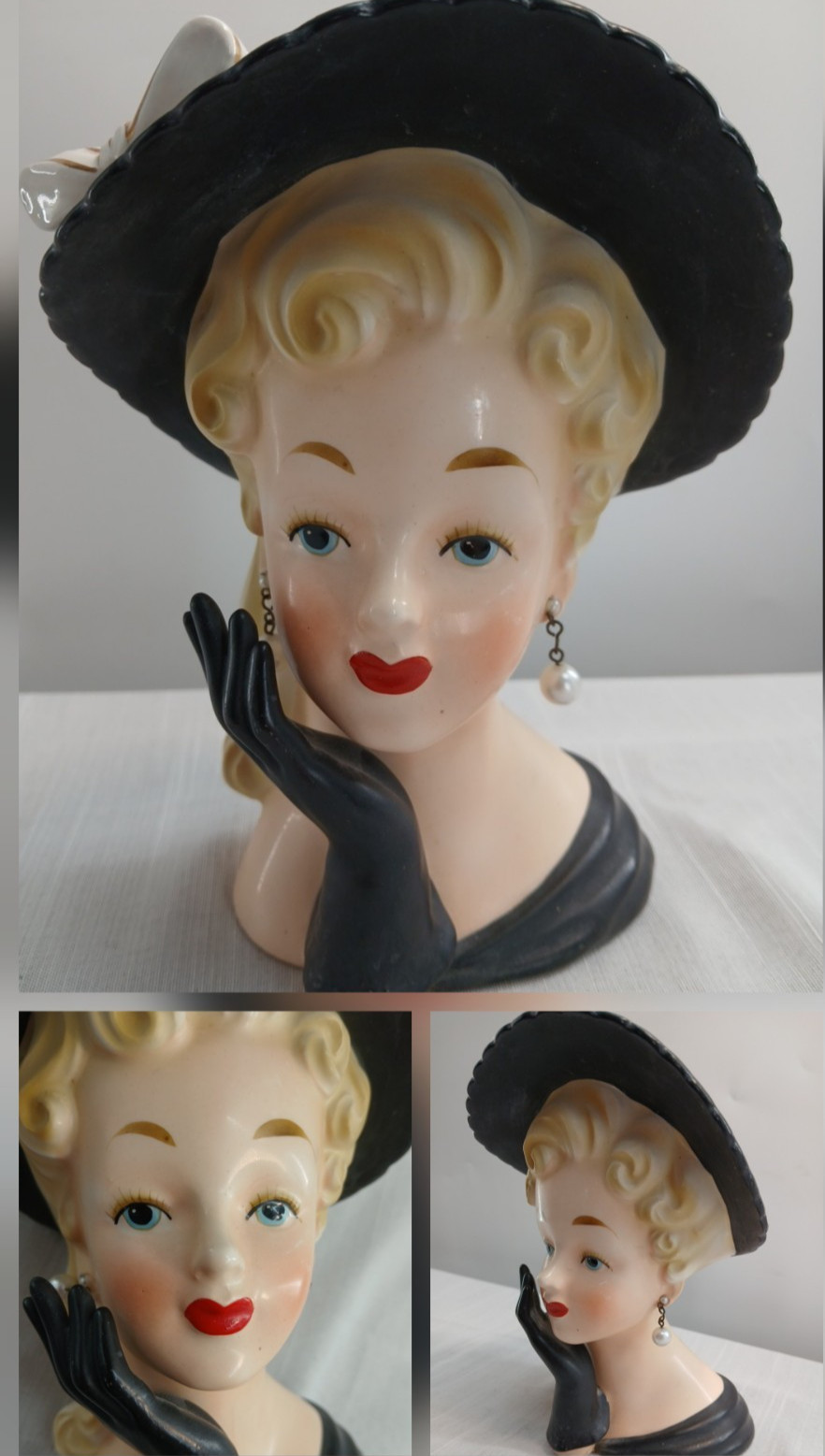 VINTAGE RELPO K1406 Classy LADY HEAD VASE Pearl Earrings Black Hat Gloves