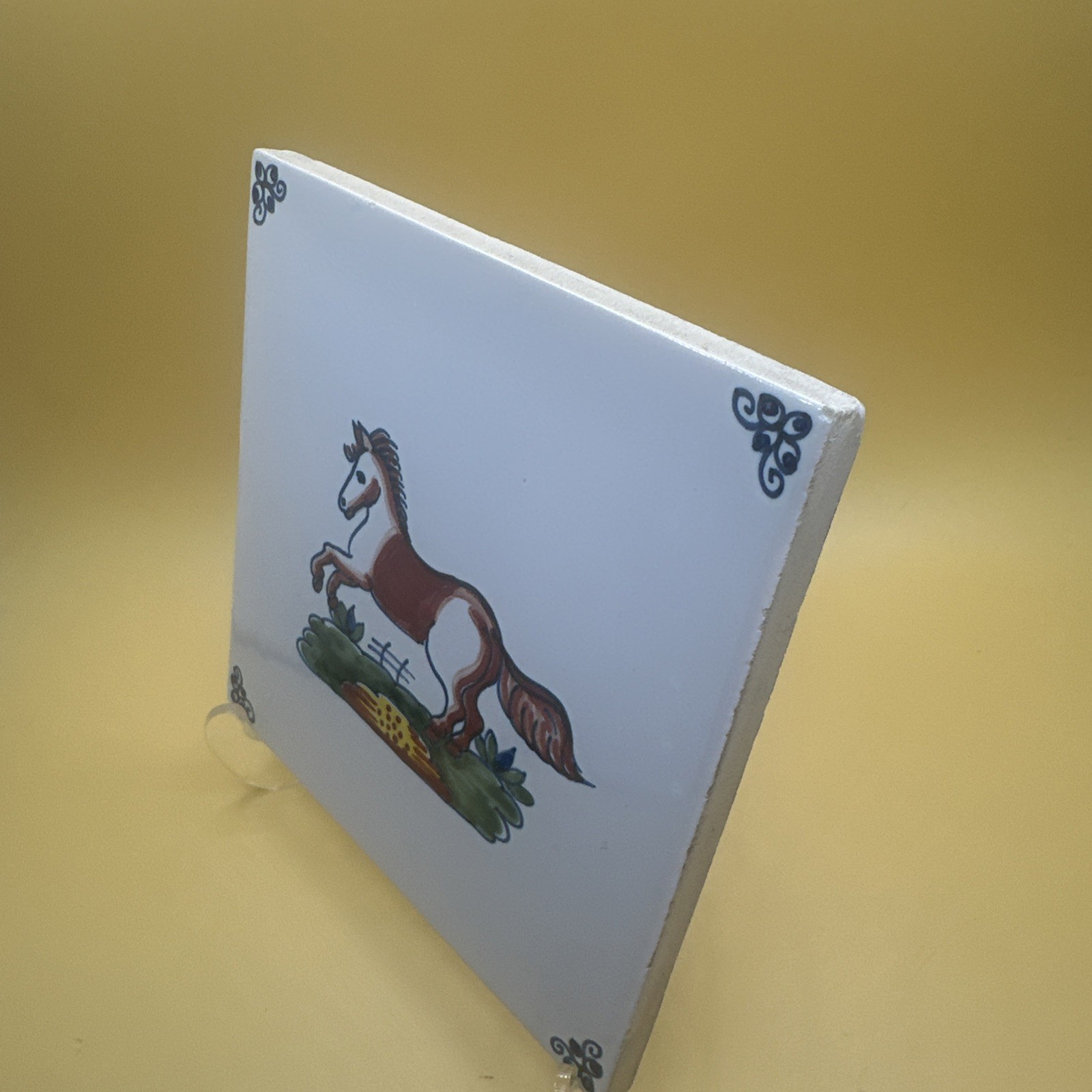 Vintage Royal Makkum Tichelaar Holland Polychrome Delft Tile Horse 5″ x 5″