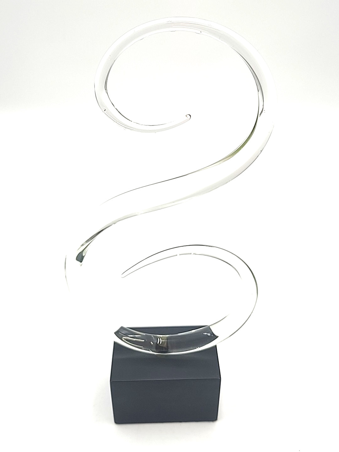 Modern Abstract Swirl Glass Sculpture On Black Base Acid Etched Signed Whitfield