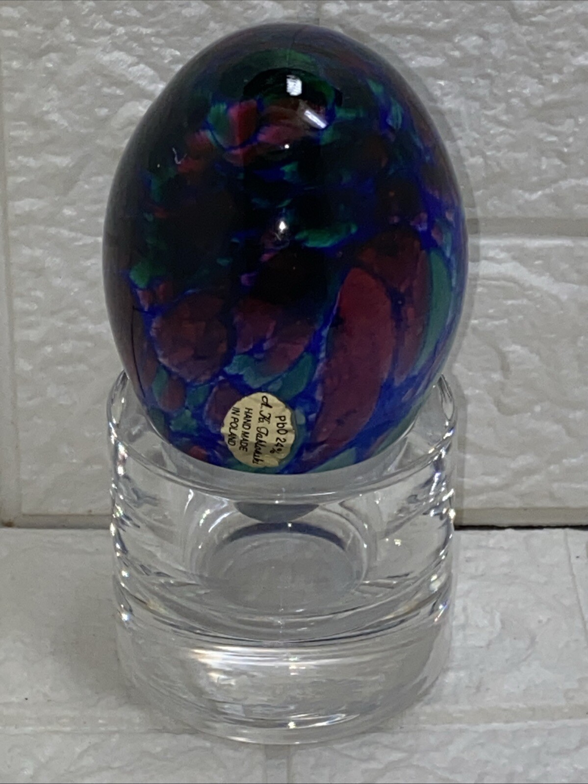 Vintage Adam JABLONSKI Art Glass Egg Shaped Paperweight Poland W/Atlantis Stand