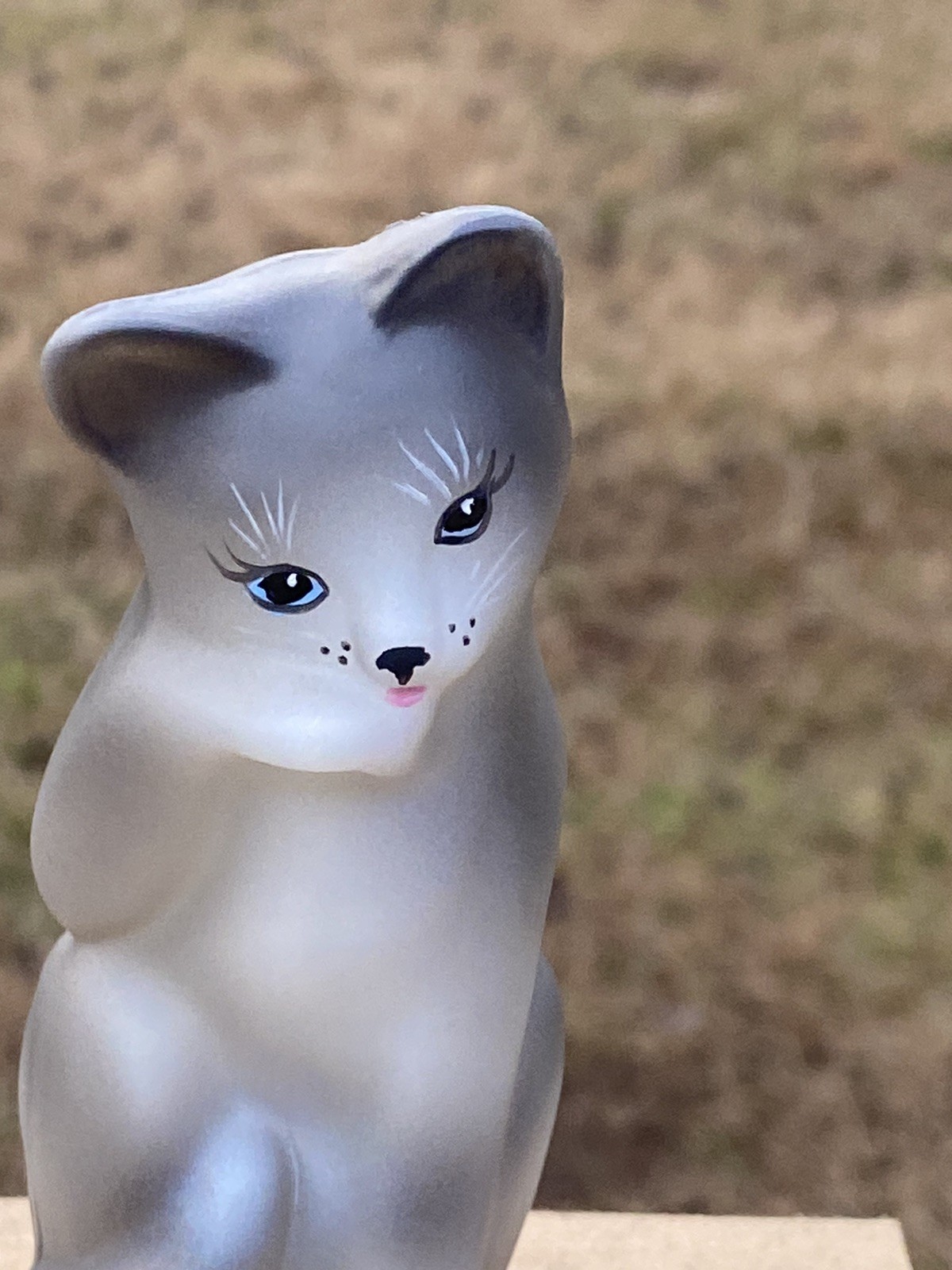 Fenton Glass Cat Grooming Gray Tabby 5074 FP Opal Satin Signed 4” Tall Figurine