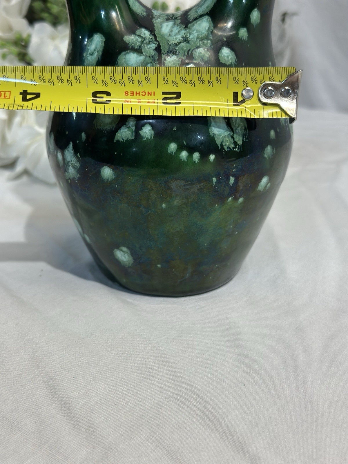 Unique Vintage Flamed Double Spout Wedding Vase In Shades Of Green Signed 6”