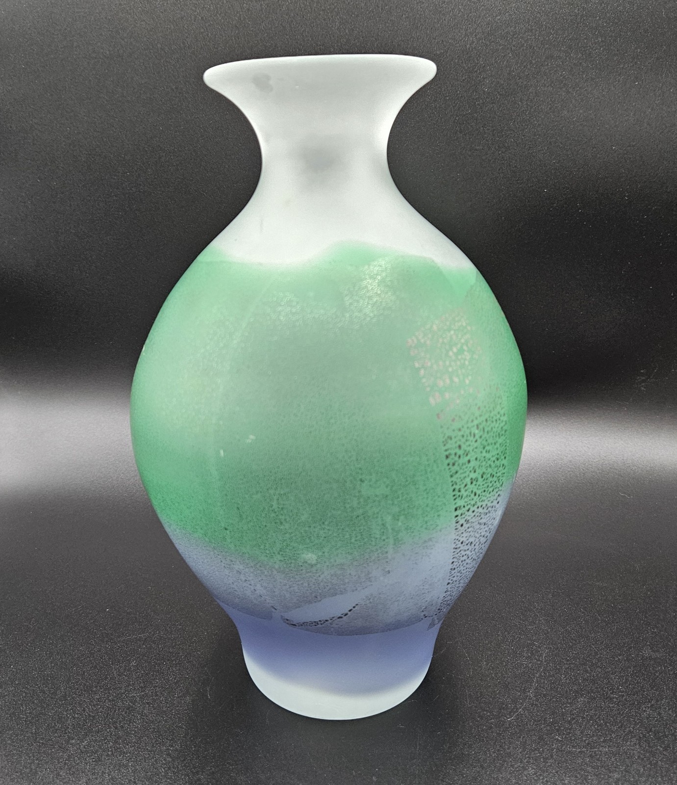 Hand Blown Clear/Blue/Green Frosted Art Glass Large Heavy Vase Spain? Mexico?
