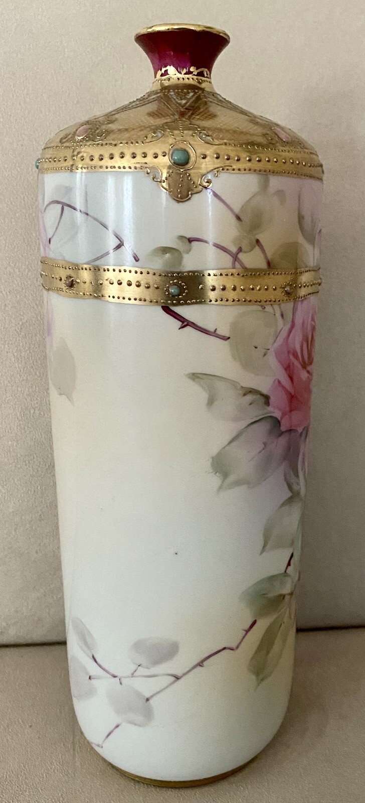 Antique Nippon Vase Jeweled Gold Cabbage Roses Bottle Shape 10.5” RARE SHAPE