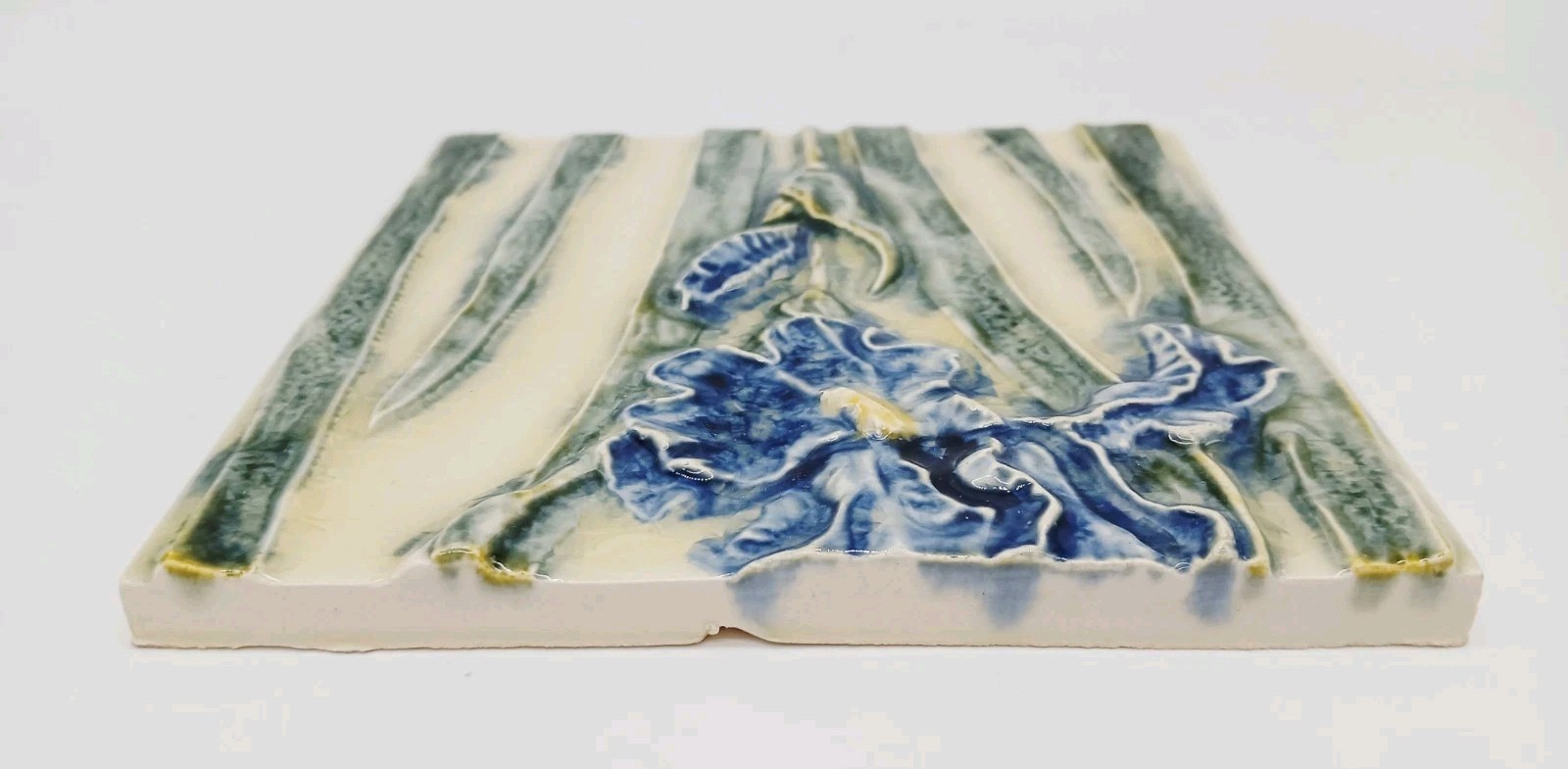Set of 2 Pratt & Larson 6″ x 5 7/8″ x 3/8″ Embossed Iris Flower Tiles