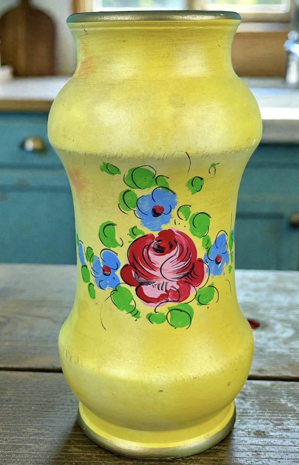Italian Art Pottery Vase Hand Painted Yellow Floral Gold Matte Mid Century