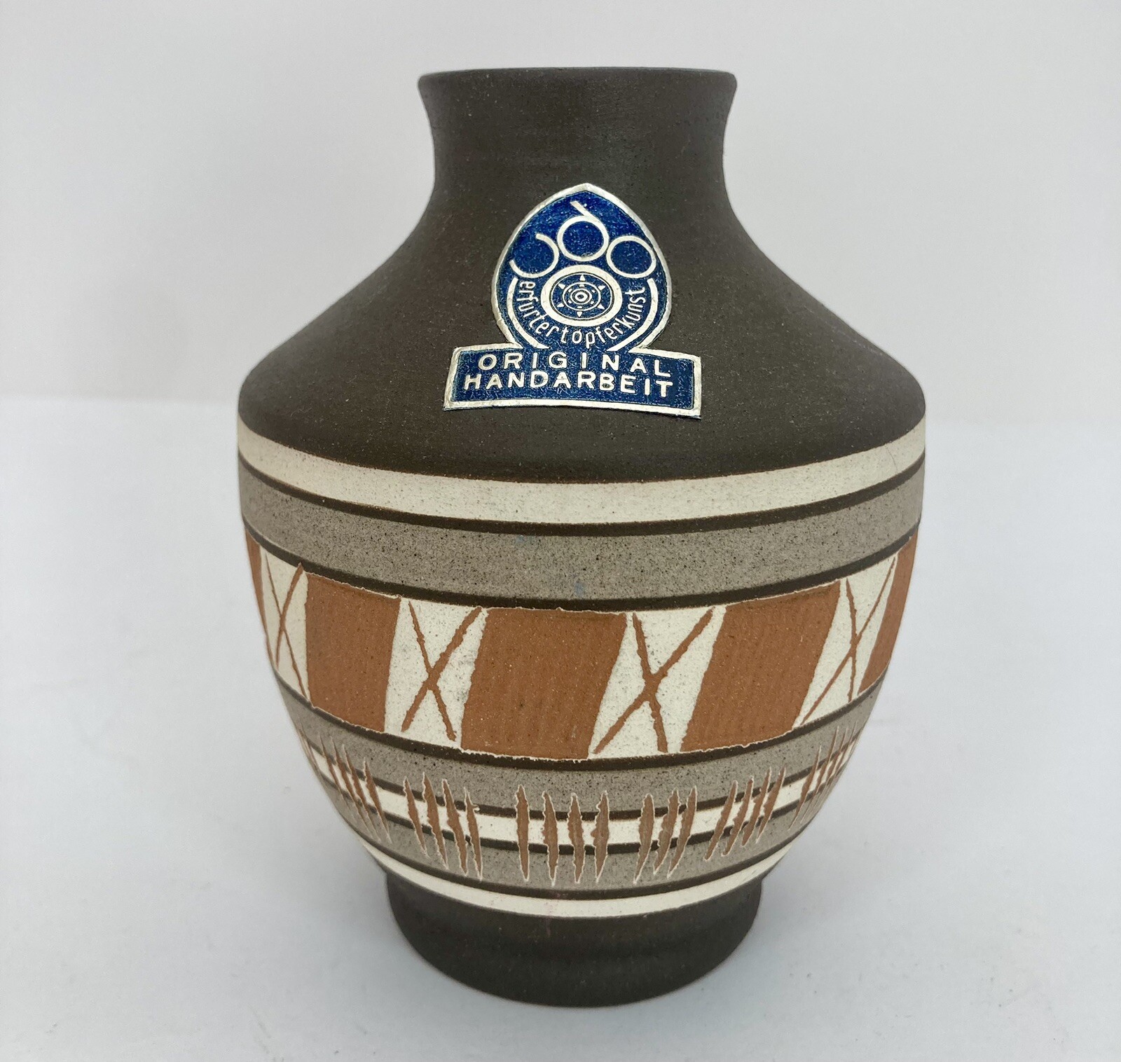 HANDARBEIT ORIGINAL Signed West German Etched Pottery 4” Small Cabinet Vase MCM