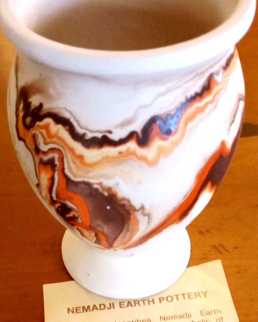 One of a Kind Nemadji Earth Pottery beautiful orange, brown, and cream 6 X 5 in