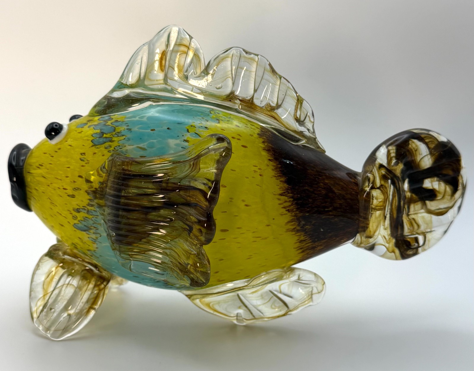 Murano Style Hand Blown Art Glass Fish Figurine 9″ Yellow Blue Tropical Decor
