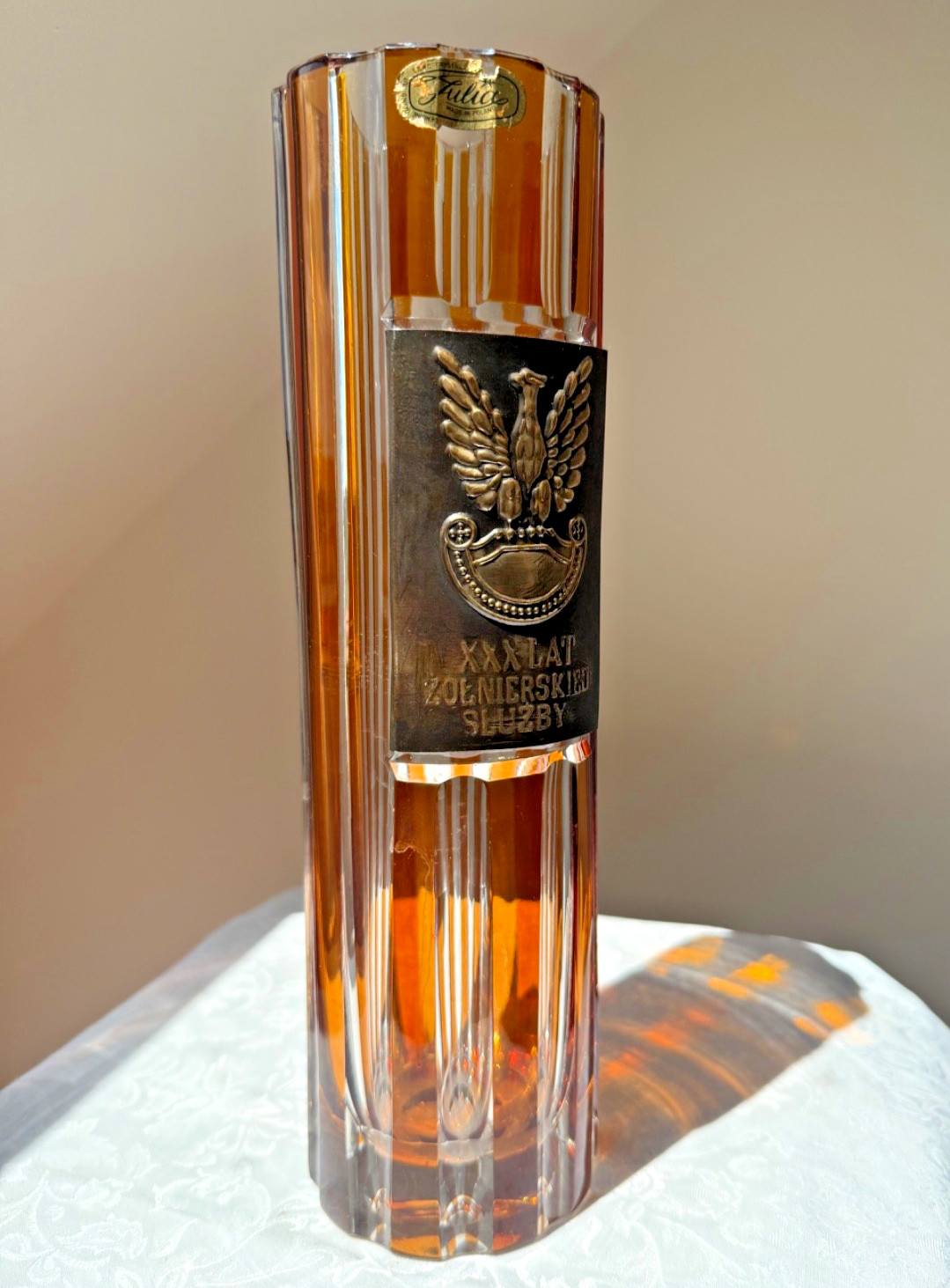 Vintage Julia Poland Amber Lead Crystal Vase 33cm Military Eagle PRL Hand Cut
