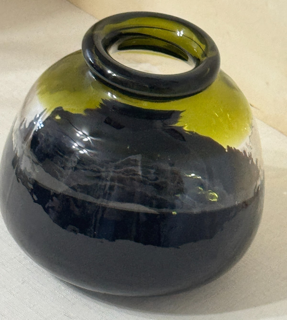 Olive Green Art Glass Vase Hand Worked Thick Rolled Rim Pontil Base