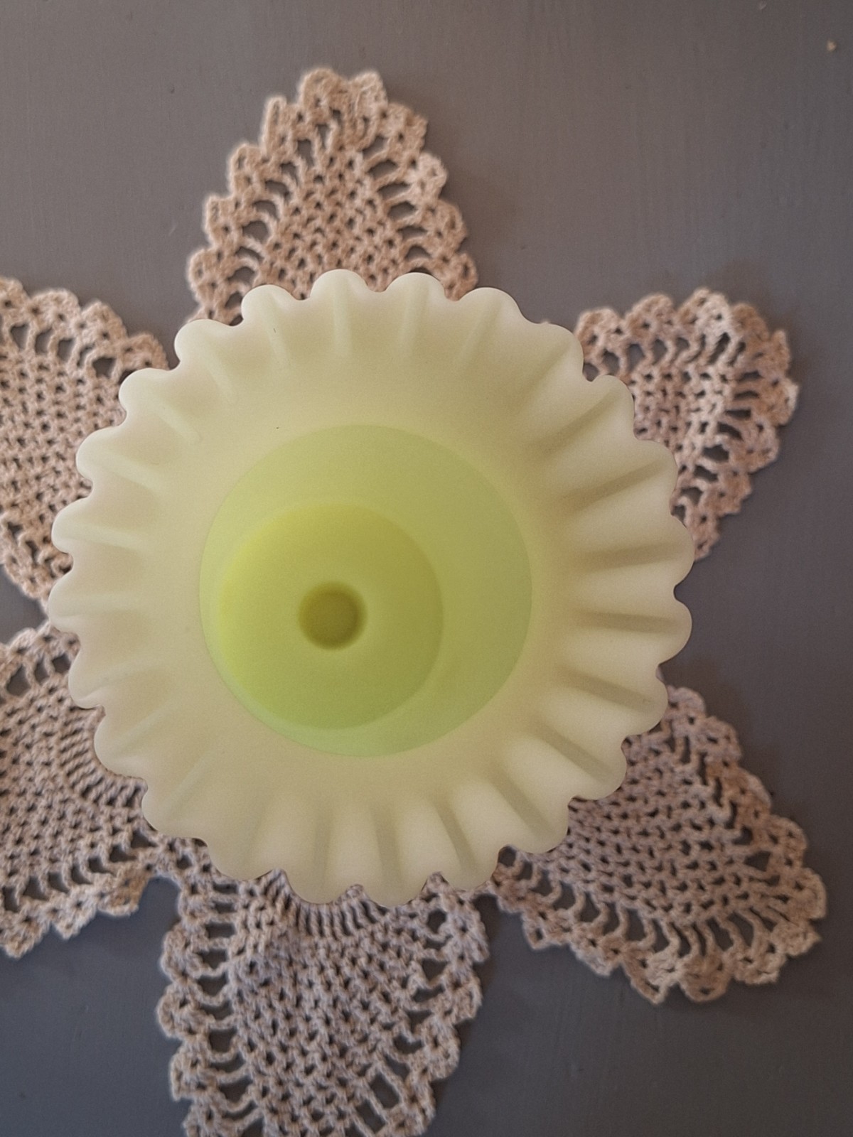 Fenton Custard Uranium Glass Sugared Pink Blossom Two piece Hurricane Lamp