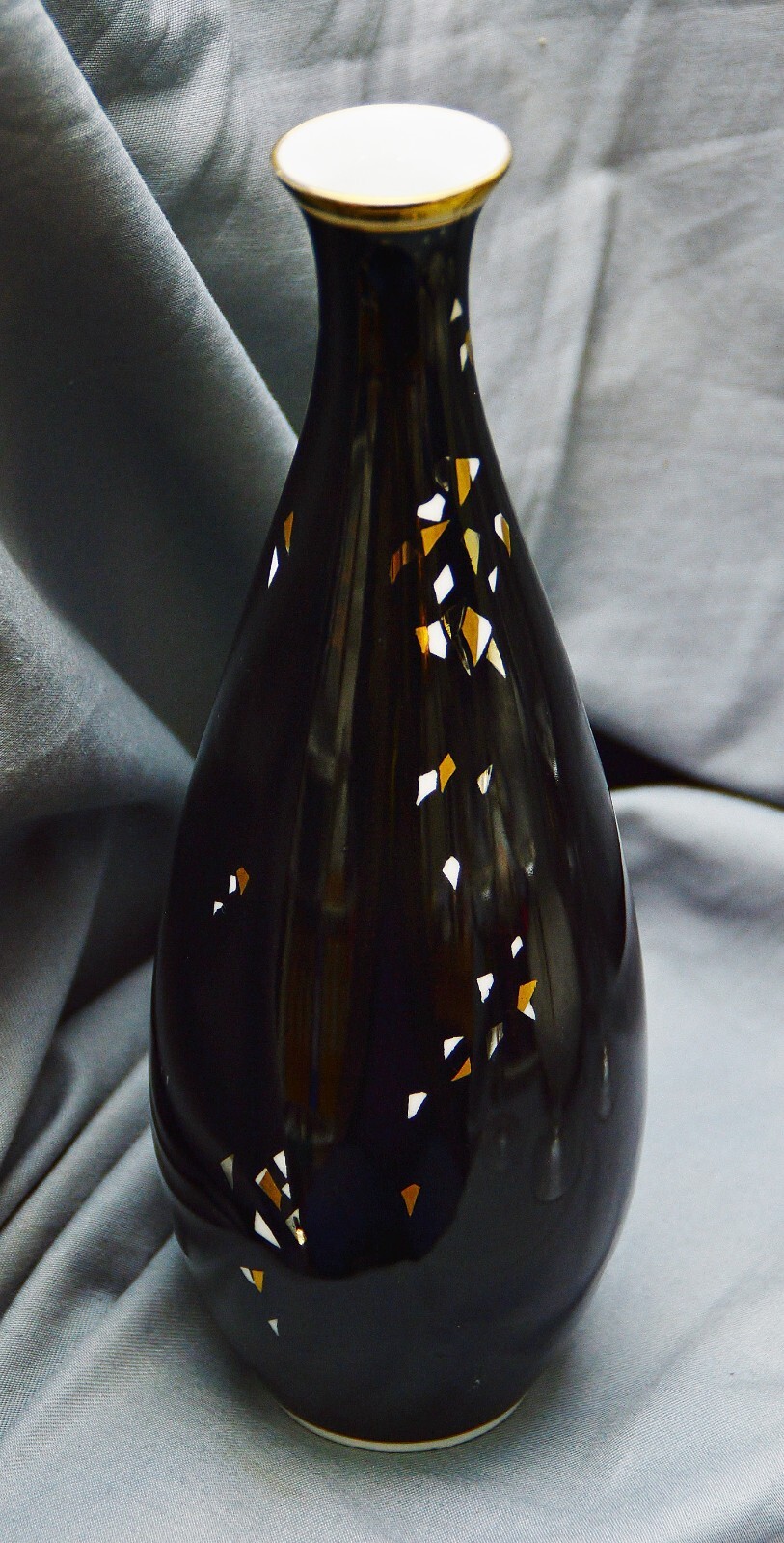 Fifties Vintage Design Vase, Krister, Black, Sgrafito, Gold Silver, 26 cm