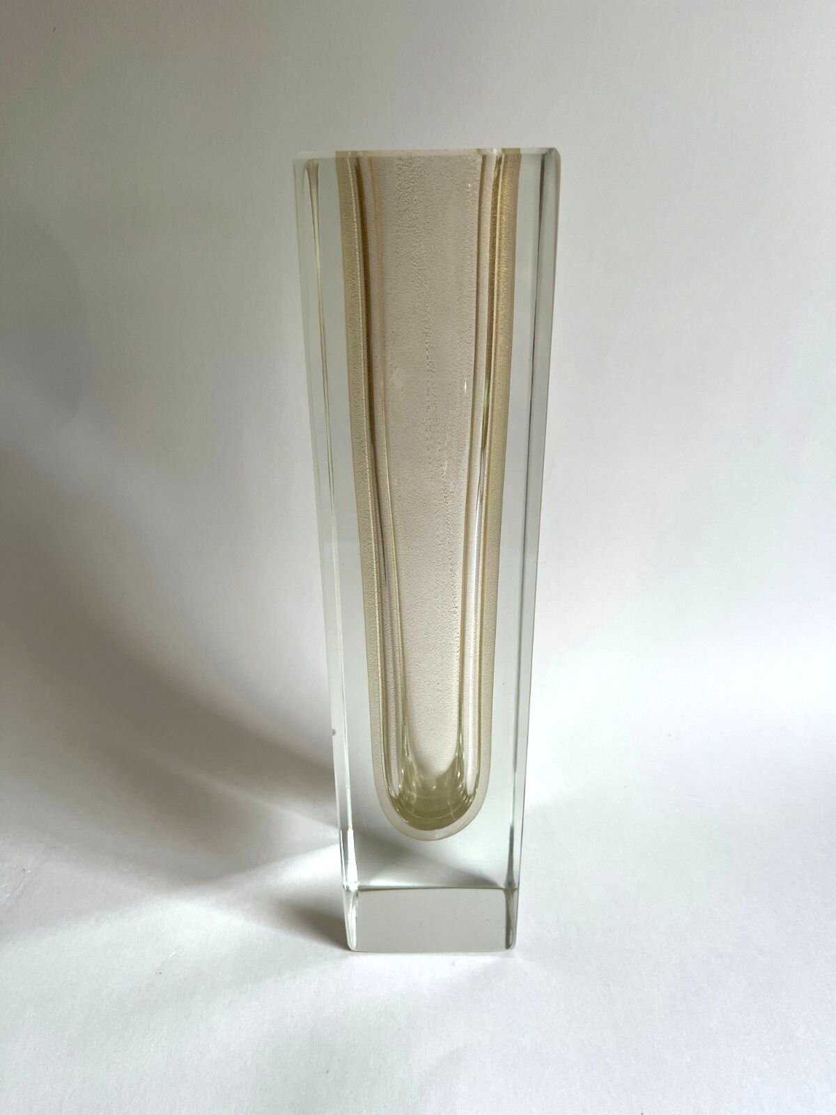 Vintage MCM Flavio Poli Murano Sommerso Cube Vase Clear Gold Stardust 11.75″