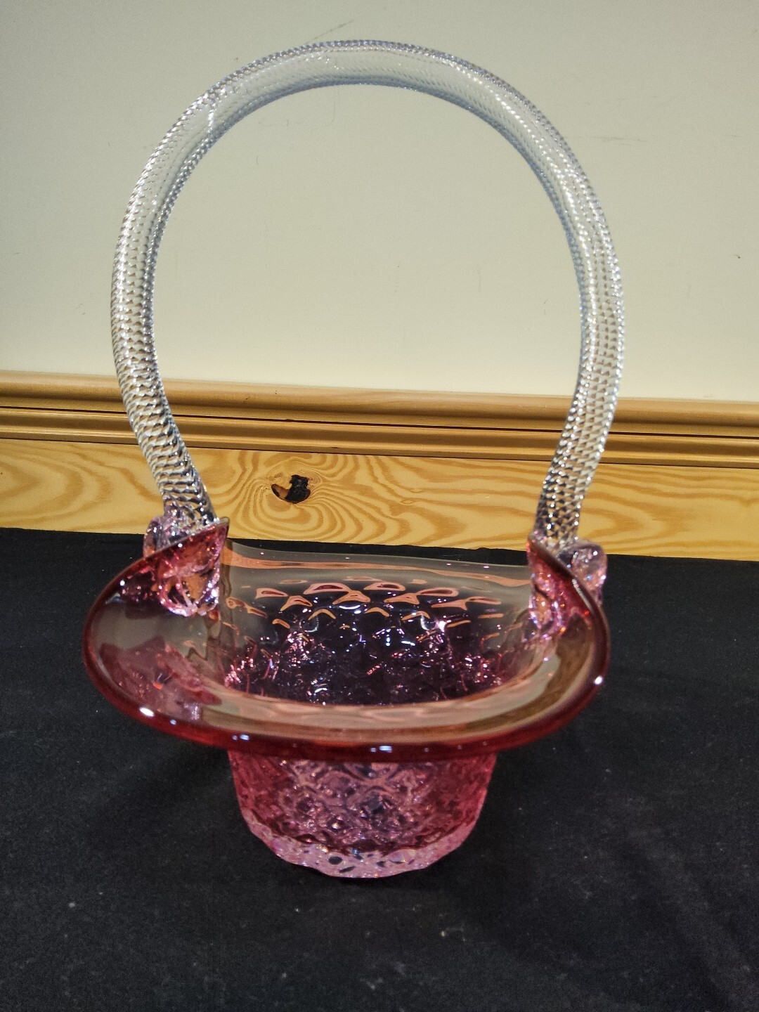 Art Glass Cranberry Bridal Basket Weave Rope Handle Quilted Riekes Chalet Canada