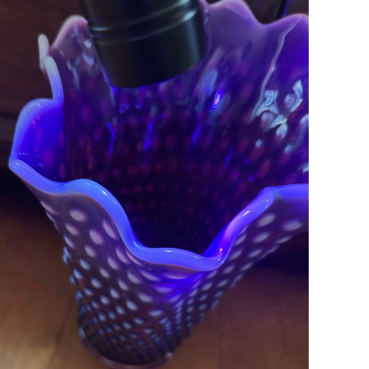 Vintage Fenton glass Plum Opalescent Hobnail pattern ruffled hanky edge 9”