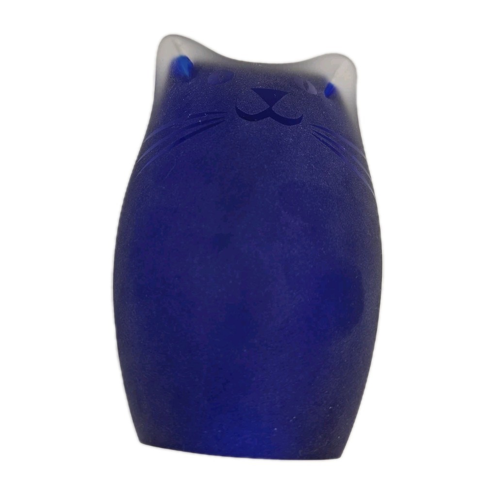 Vintage Art Glass Cat Sculpture Signed Janette Kennedy Cobalt Blue Frosted