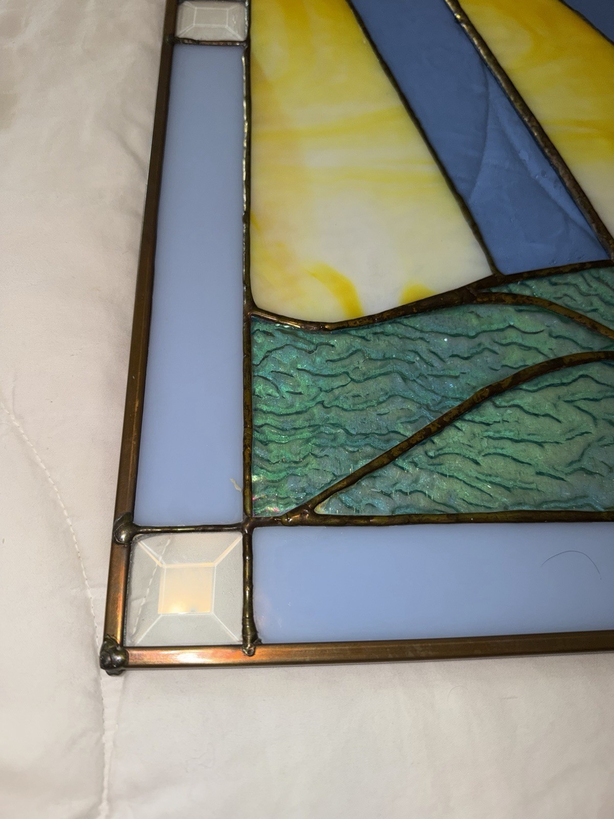 Stained Glass Panel 24” X 24” Lighthouse Rainbow Seascape Stunning Brass Copper