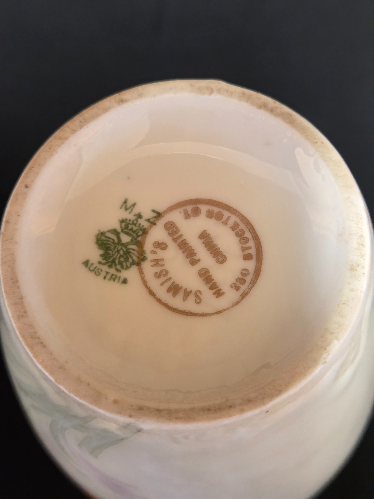 ANTIQUE MZ AUSTRIA, SAMISH’S SAN FRANCISCO, HAND PAINTED PORCELAIN HANDLED VASE