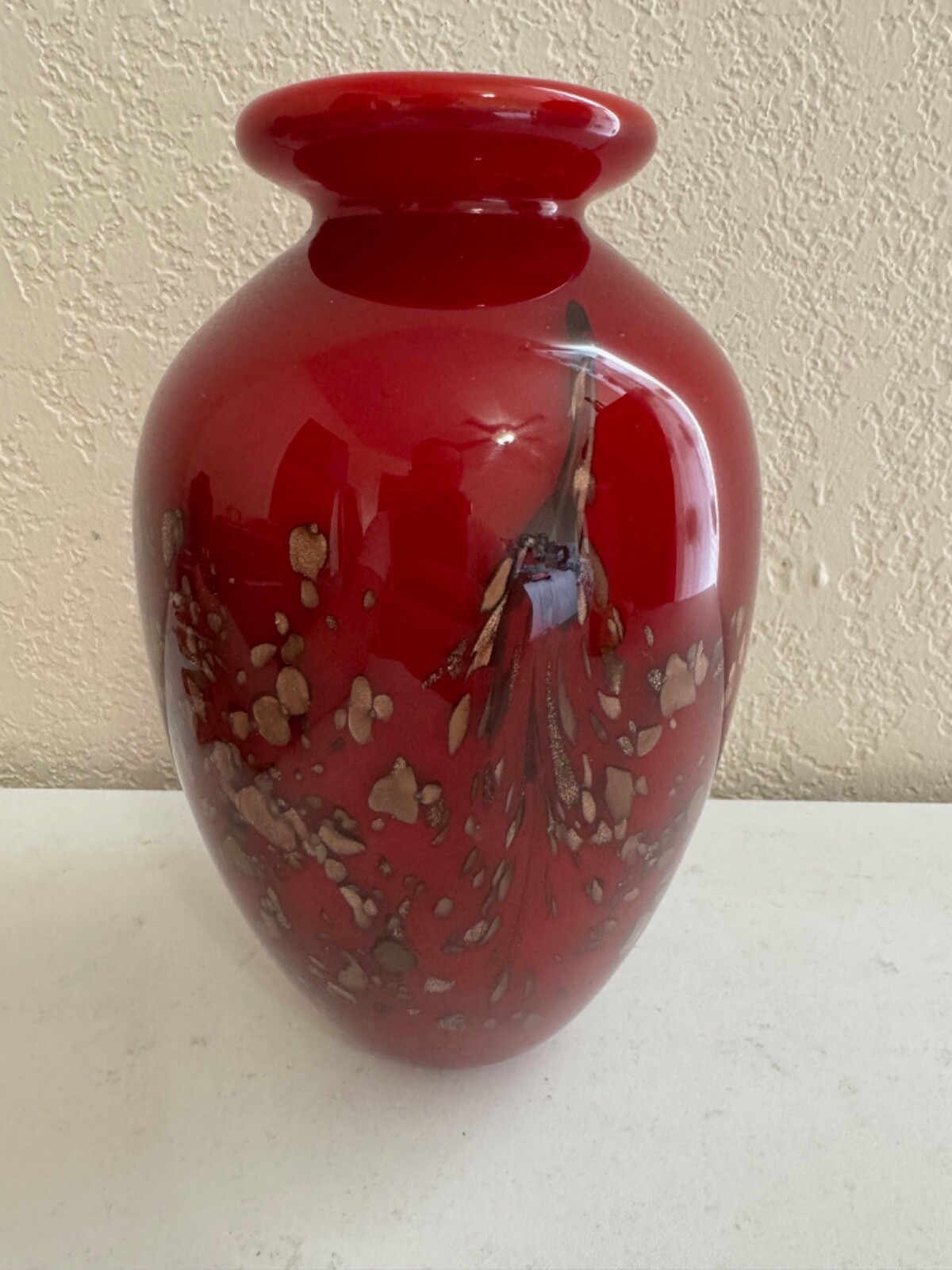 Blown Art Glass Red Vase w/ Gold / Copper Speckles