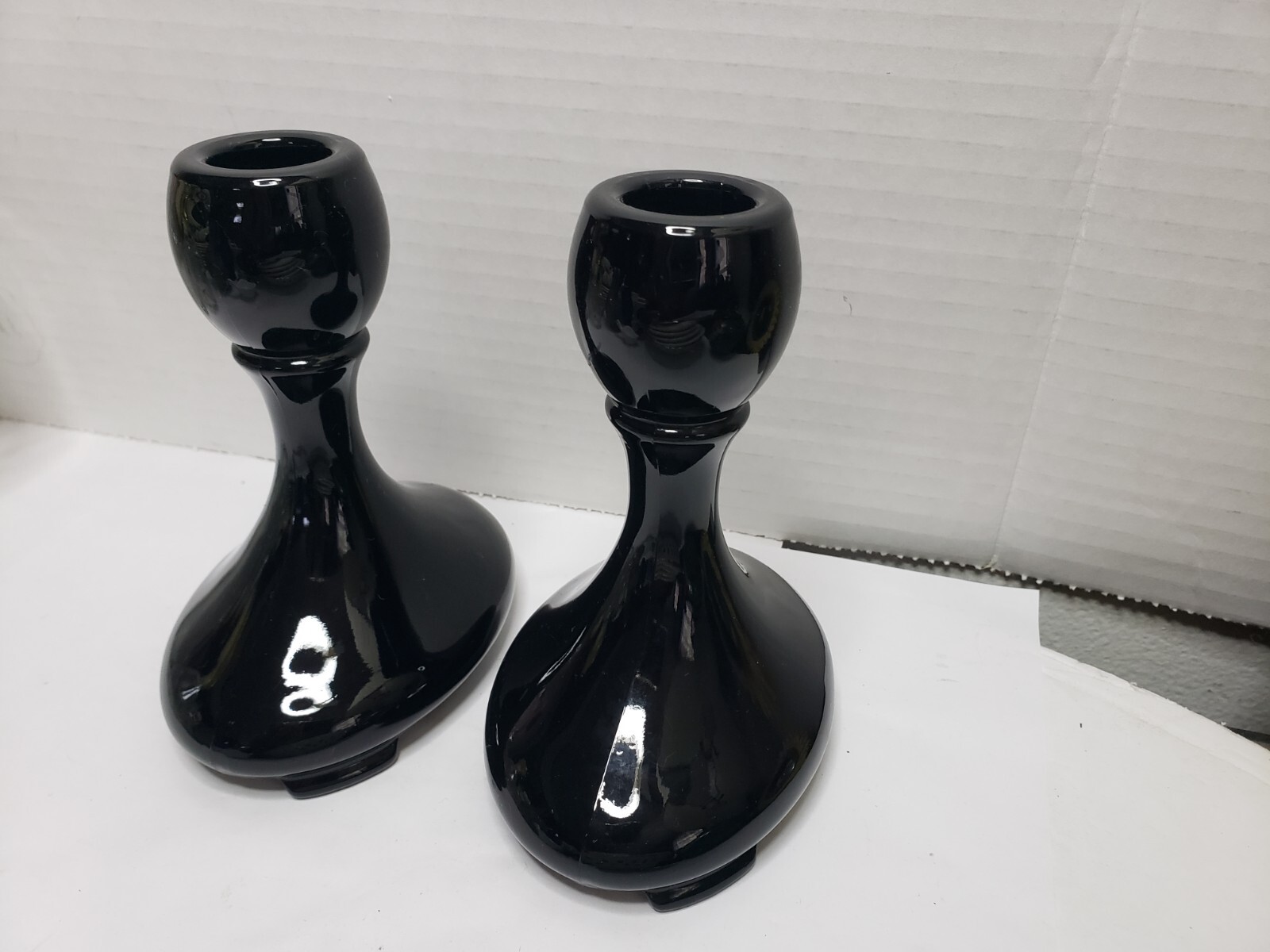 2 Fostoria Saint Alexis Art Deco Black Candle Stick Holders Oval 3 Footed 5″