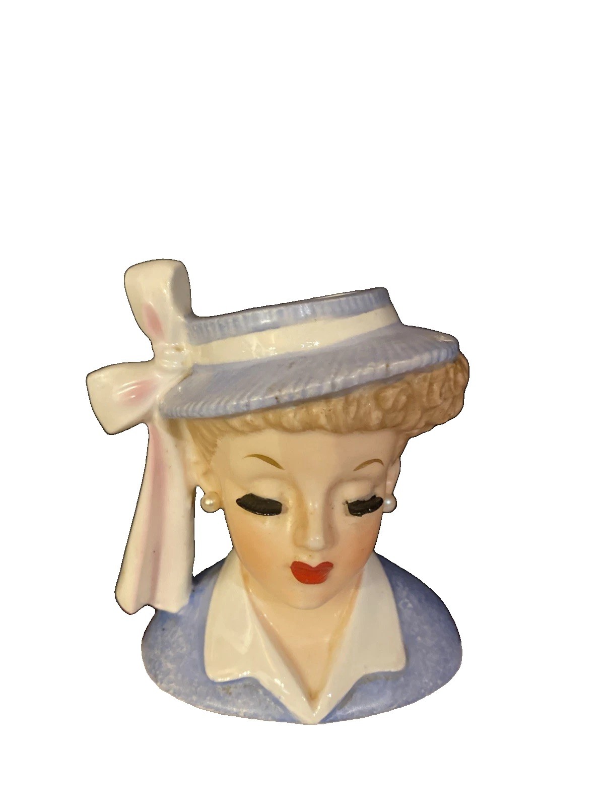 Vintage Lady Head Vase Napco Blue Coat/Hat With Large Bow Pearl Earrings 1958