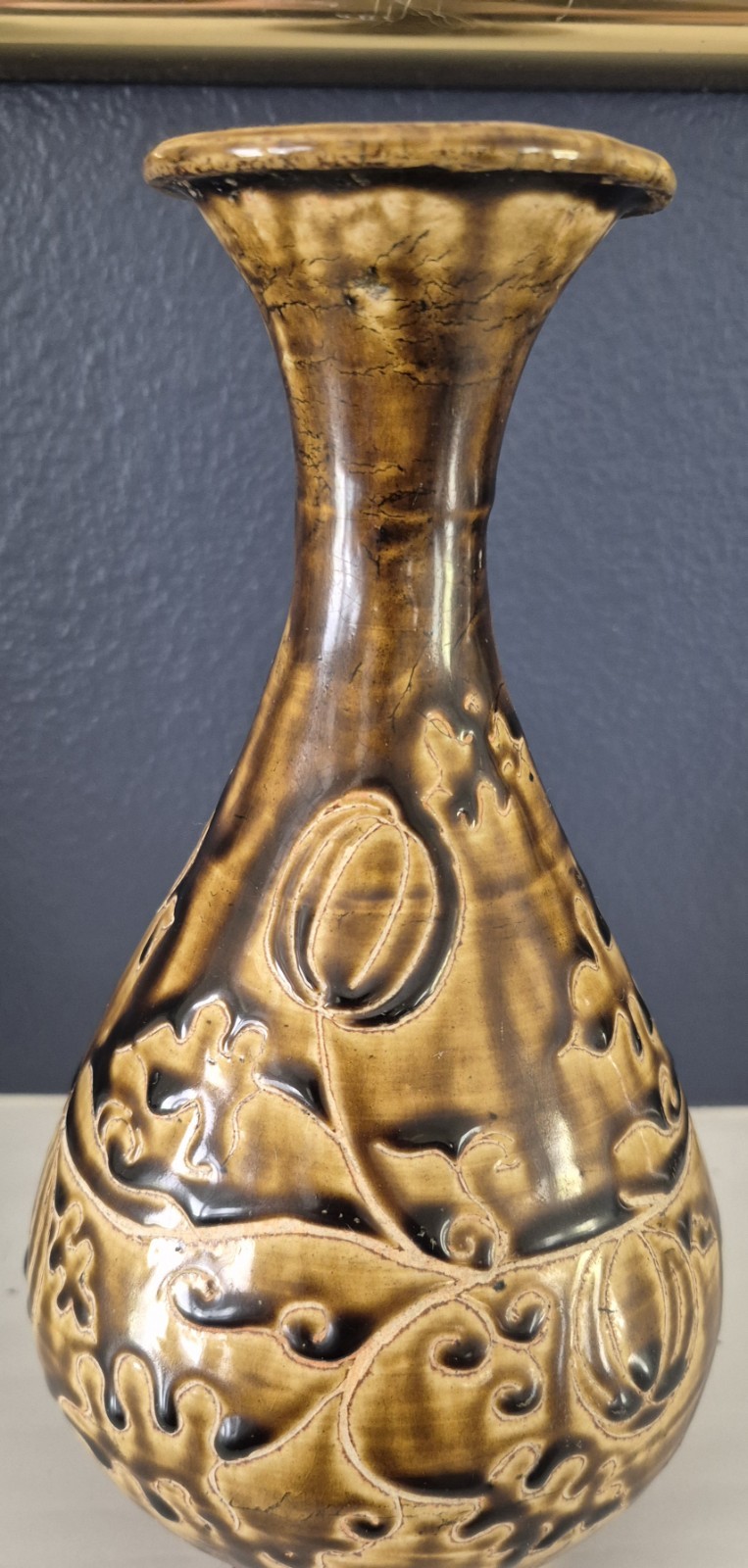 Chinese Cizhou Style Brown Glaze Pear Vase Carved Melon Fruit Vine