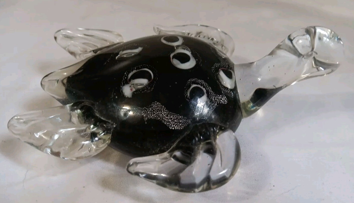 Vtg Hand Blown Art Glass Sea Turtle Paperweight Black White Clear Bubbles