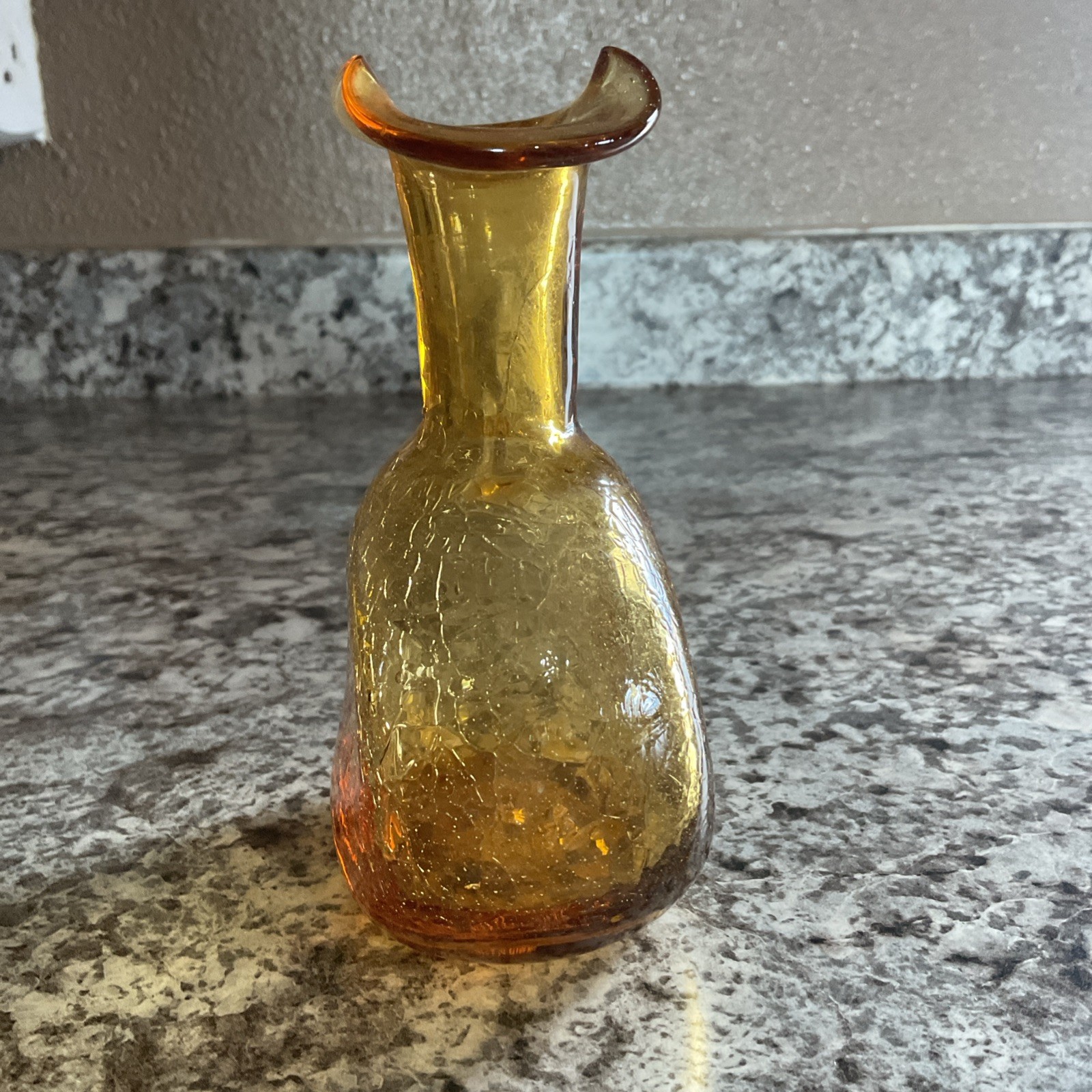 Hand Blown Amber Crackle Glass Vase Fluted Opening