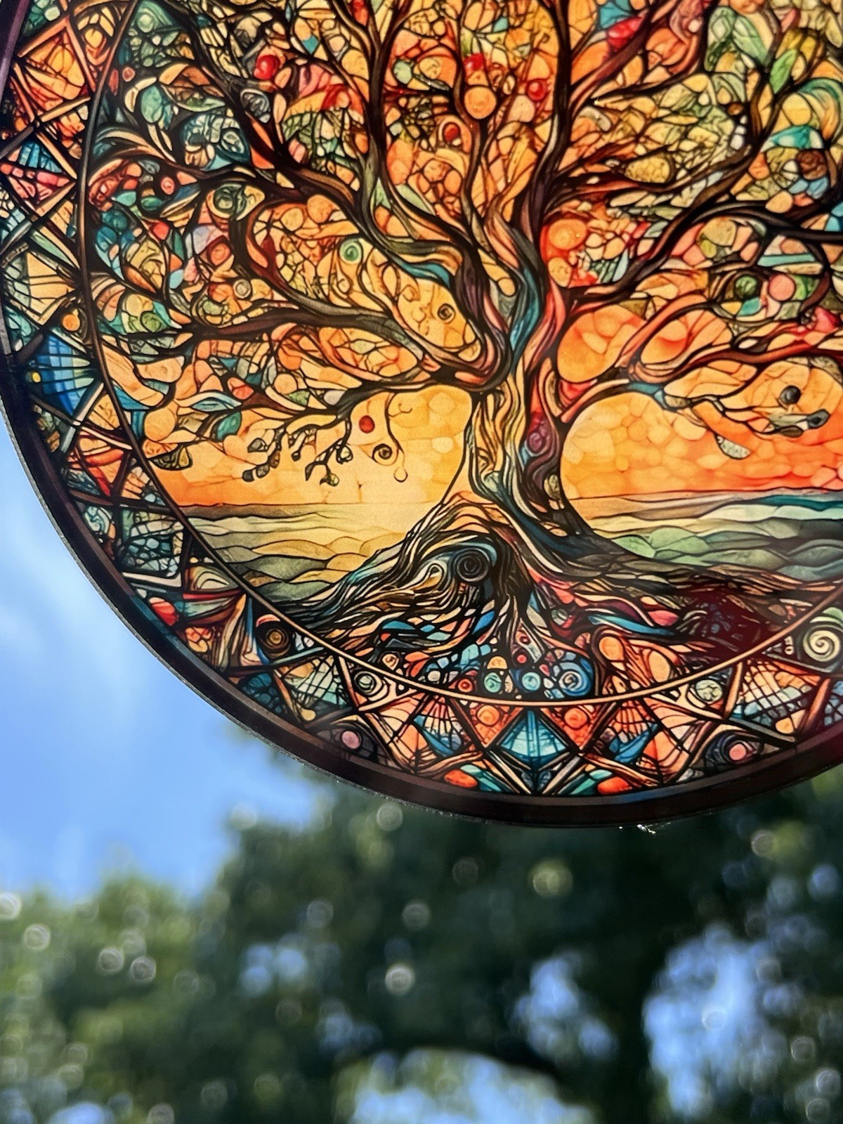 Round Tree of Life Stained Glass Style Multicolor Glass Hanging Suncatcher Chain