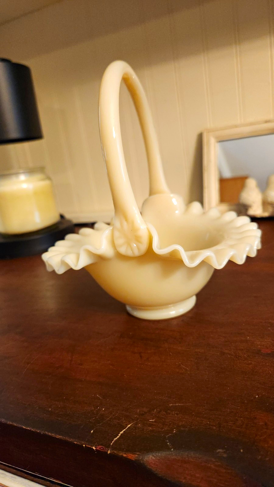 Fenton Custard Glass Decorative Basket w/ Handles, Ruffled Rim, Oval Glossy 7in