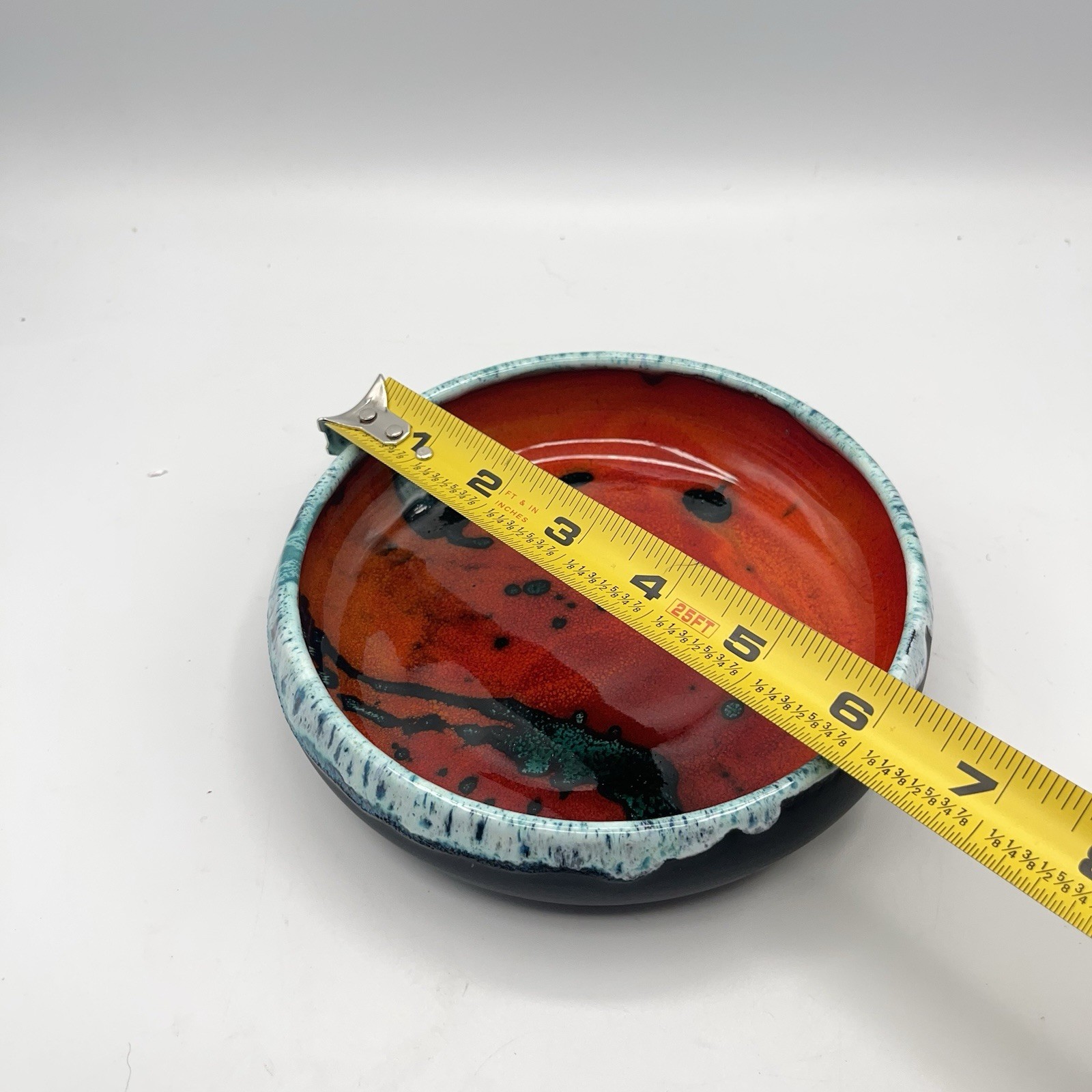 Vintage Pottery Pot Drip Lava Black Blue Gray Glaze Signed Bowl 6″x1.5″