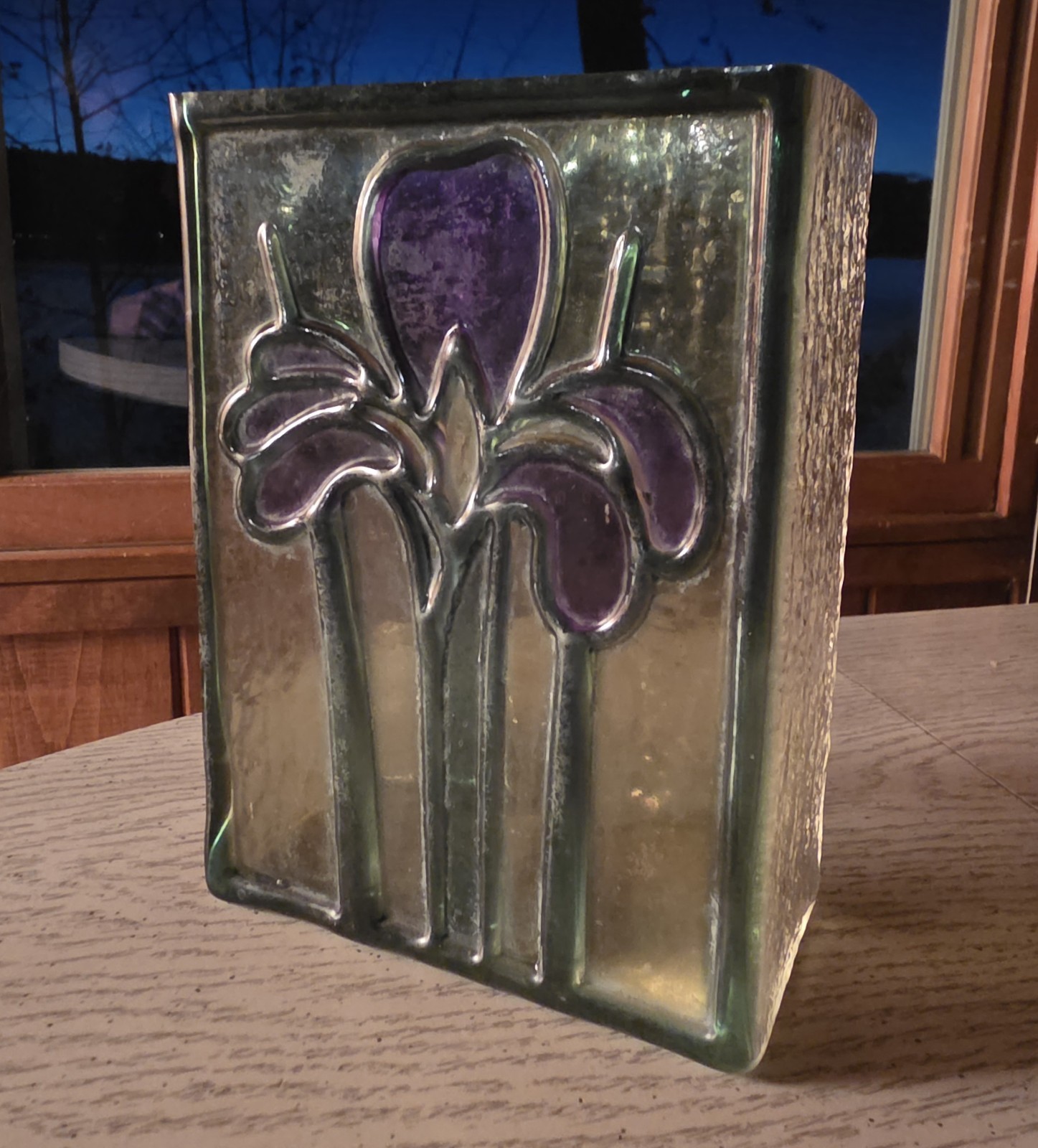 Vintage FTDA 1985 Romania Art Glass Iris Stain Glass Rectangular Vase