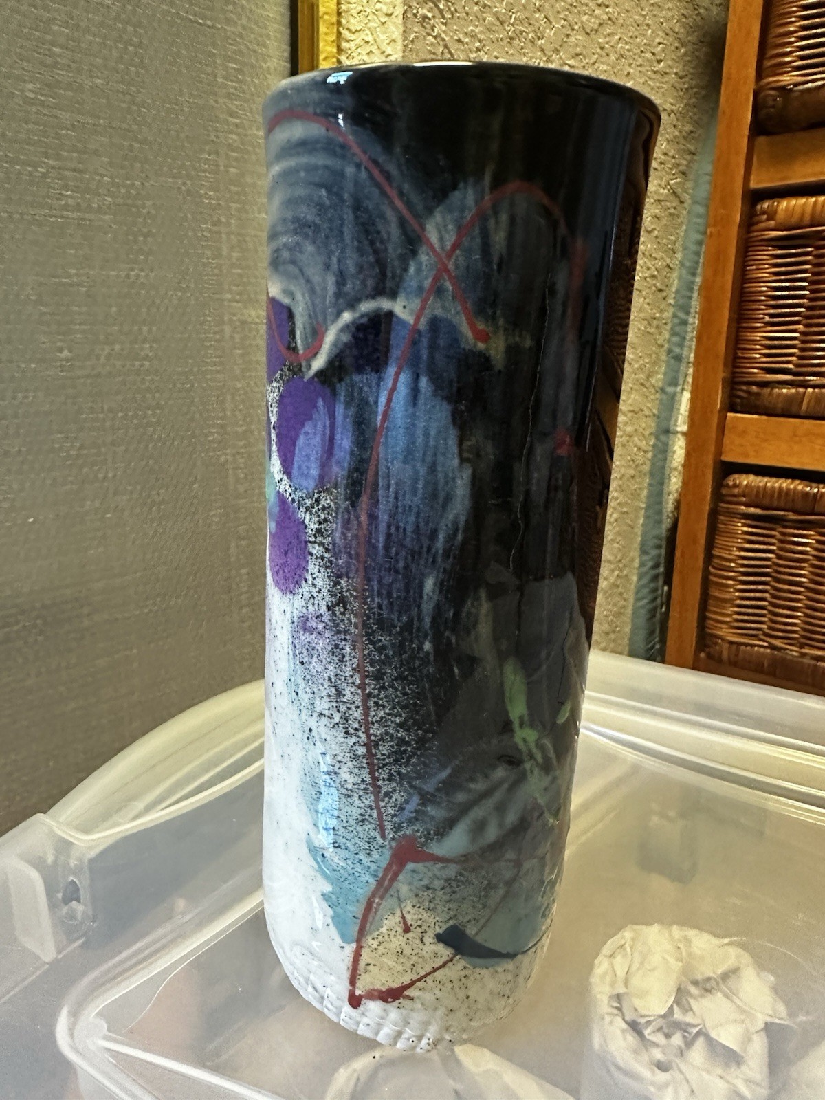 Abstract Colorful Studio Art Pottery Vase, Artist Signed 8”x3”