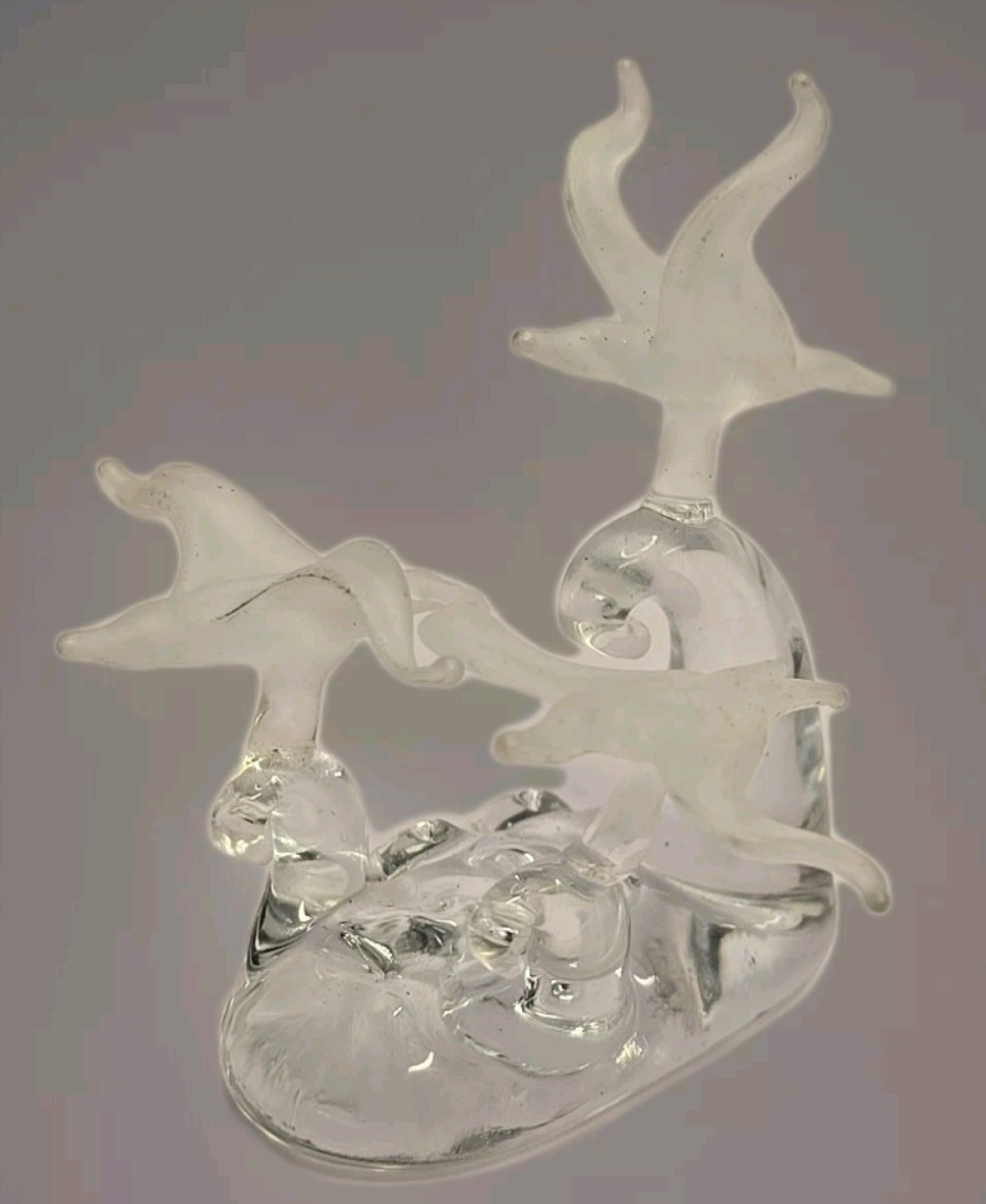 Art Glass Seagulls Frosted on Clear Glass Waves Vintage 3.25″ H x2.5″Wide