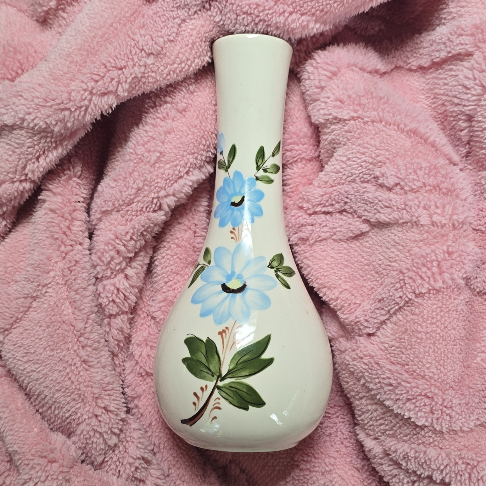 F.T.D.A. 1979 Portugal Ceramic Vase White Blue Green Floral Glossy Finish