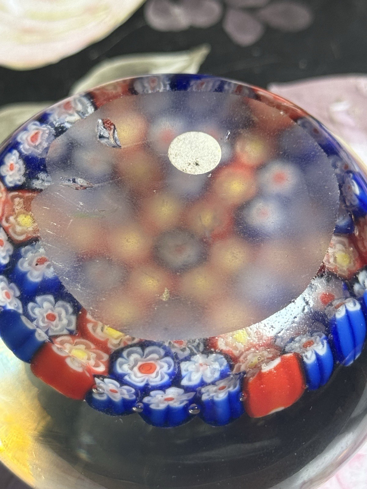 Vintage Art Glass Millefiori Paperweight Red Blue Canes Flowers