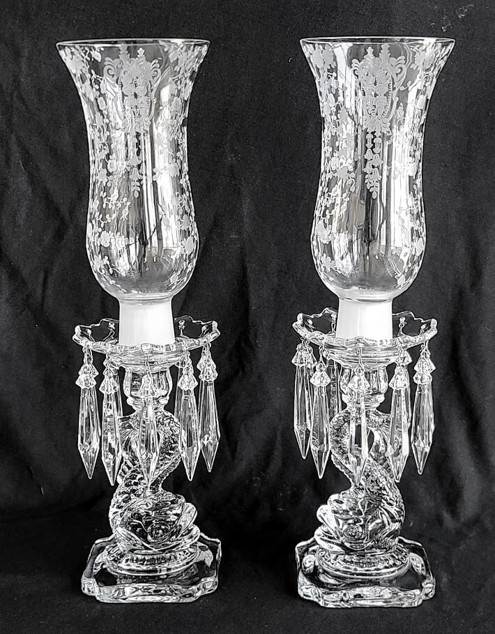 Rare Cambridge Rose Point Crystal Etched Dolphin Hurricane Candle Lamps 17 1/4″