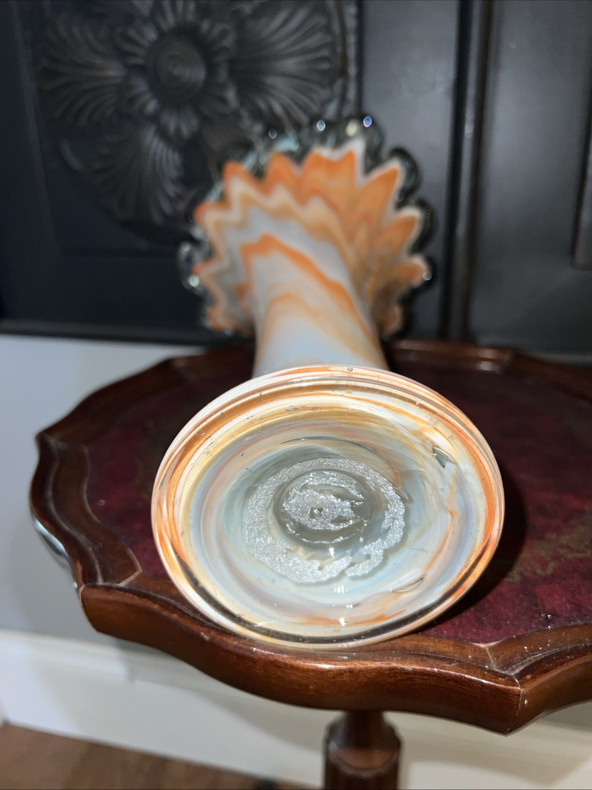 Beautiful MCM Orange And White Scalloped Top Glass Vase 11”