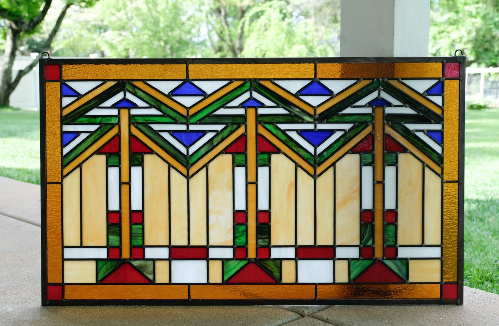 Handcrafted stained glass window panel Mission style panel, 34.5″W x 20.5″H