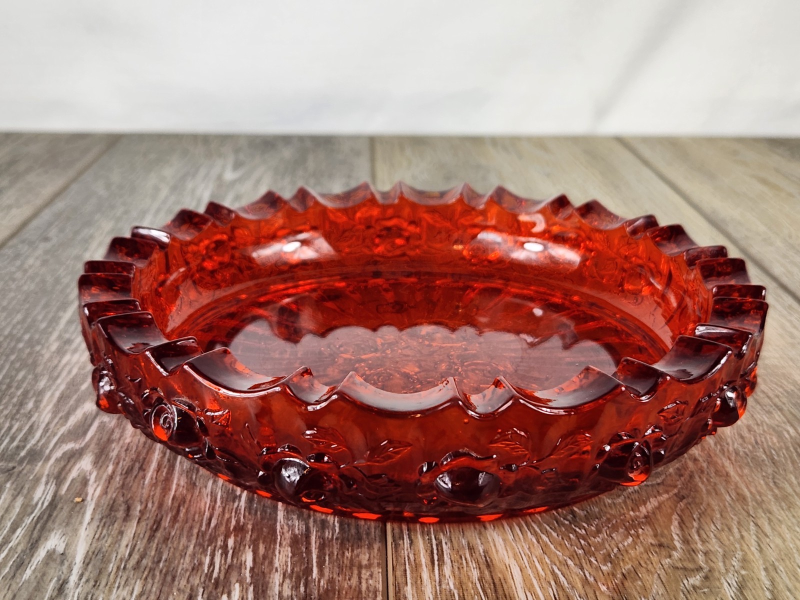 Fenton Ruby Red Heavy Glass Cabbage Rose Ashtray – GLOWS!