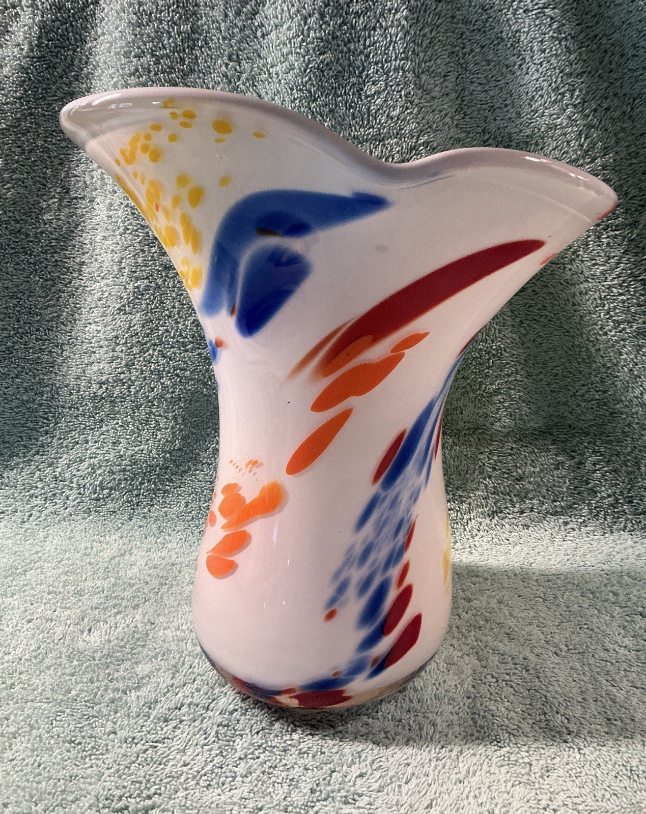 MCM Hand-Blown Multicolored Spatter on White Opal Glass Vase