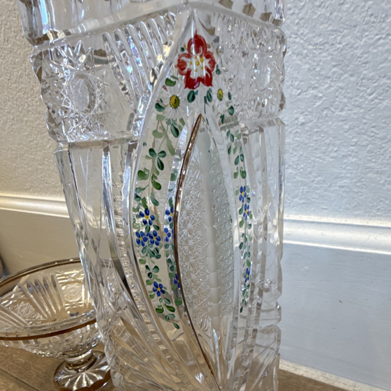 Czech Bohemia Hand Cut Crystal Vase & Bowl Set Floral Gold Blue Green Red Etched