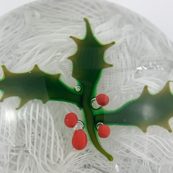 Perthshire 1971 Christmas Holly Berry Latticino Lace Vintage Holiday Paperweight